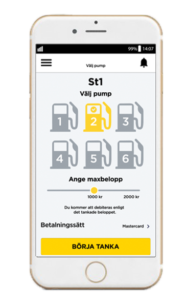 Bild på smartphone där appen Fuelpay visas på skärmen
